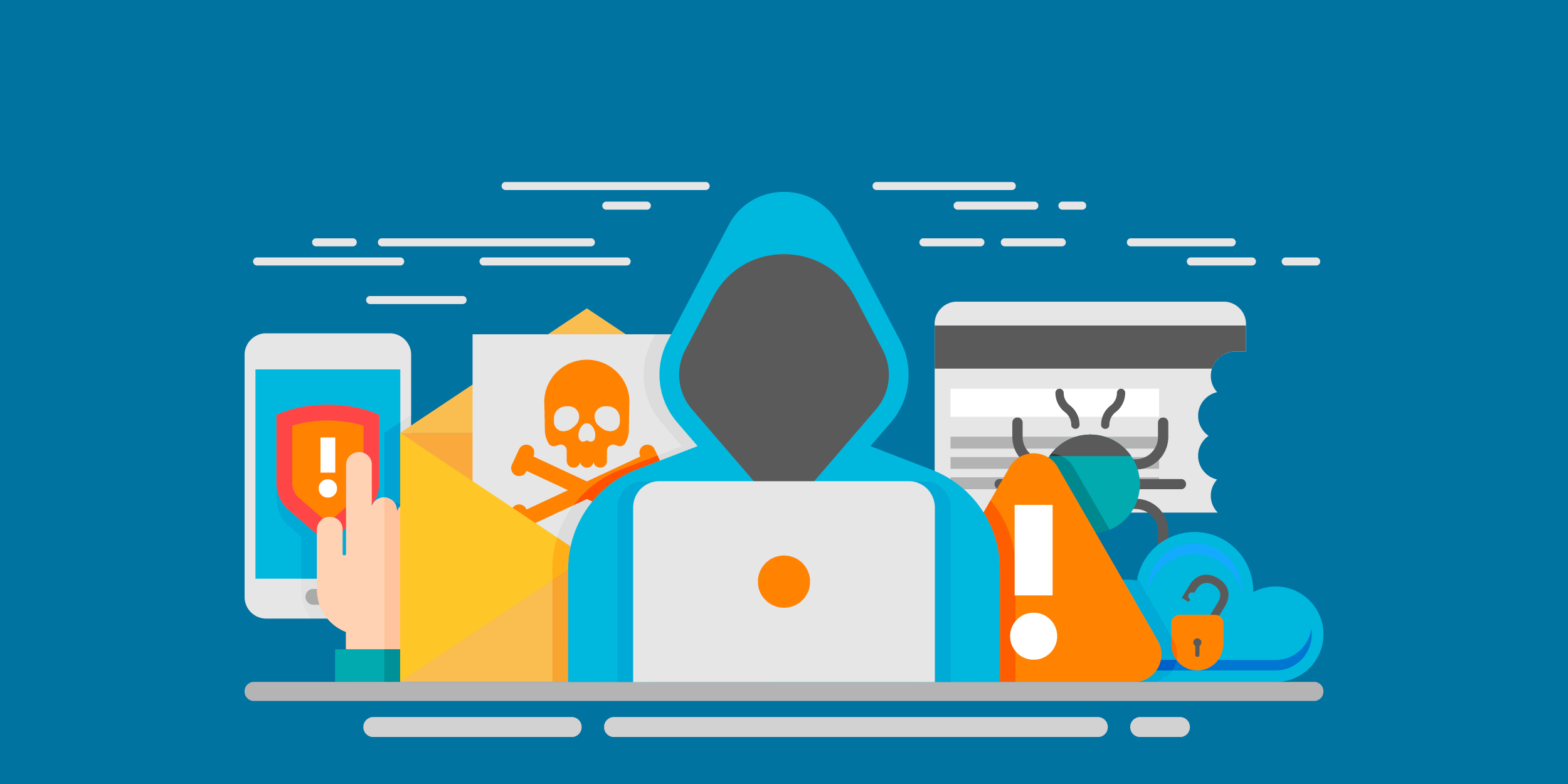 illustration of a faceless person with a laptop next to a poisoned letter and a credit card with a bug on it, representing hackers and the need for digital security
