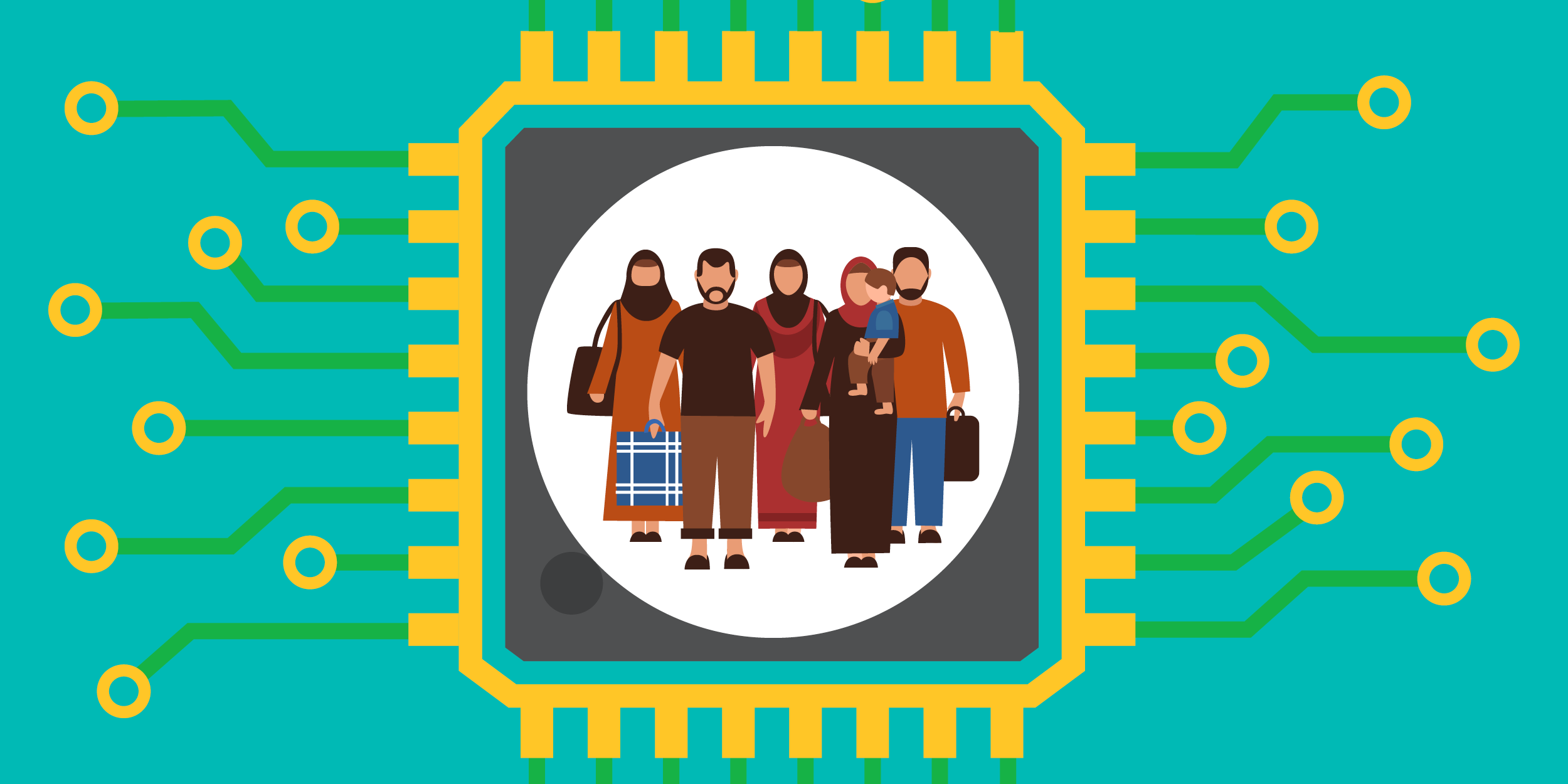 illustration of refugees being protected by a computer chip, symbolizing data security for nonprofits who work with refugees