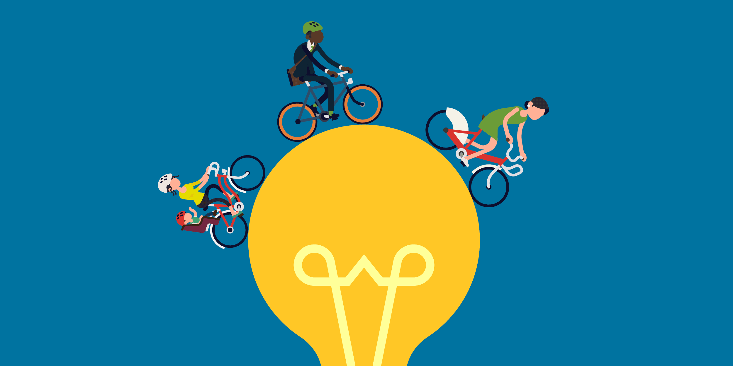 an illustration of a mom, a business person, and another woman riding bicycles on top of a lightbulb, symbolizing B!KE's vision of the bicycle as a tool for personal empowerment
