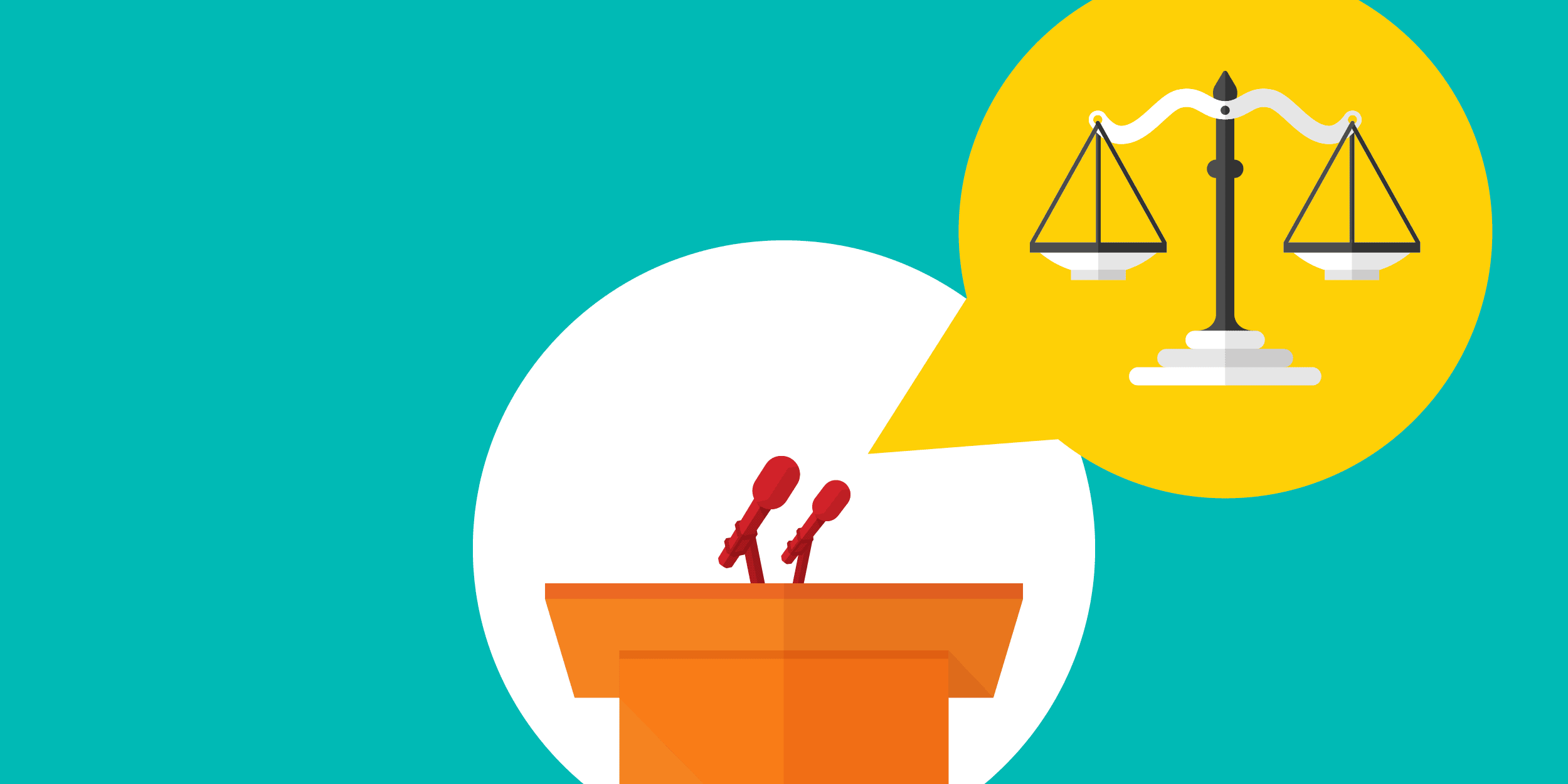 illustration of a podium with two microphones; one is talking about the scales of justice, representing social impact technology panels at the sxsw conference