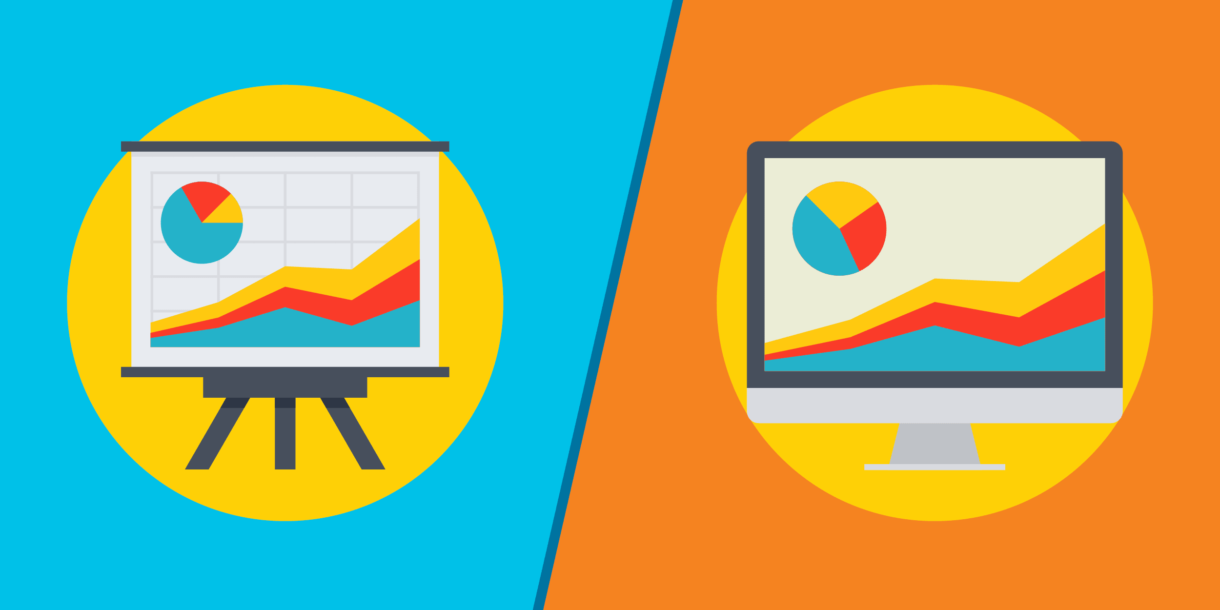 illustration of pie and line charts on an easel compared to financial charts on a computer, representing the need for new nonprofit accounting or financial management software