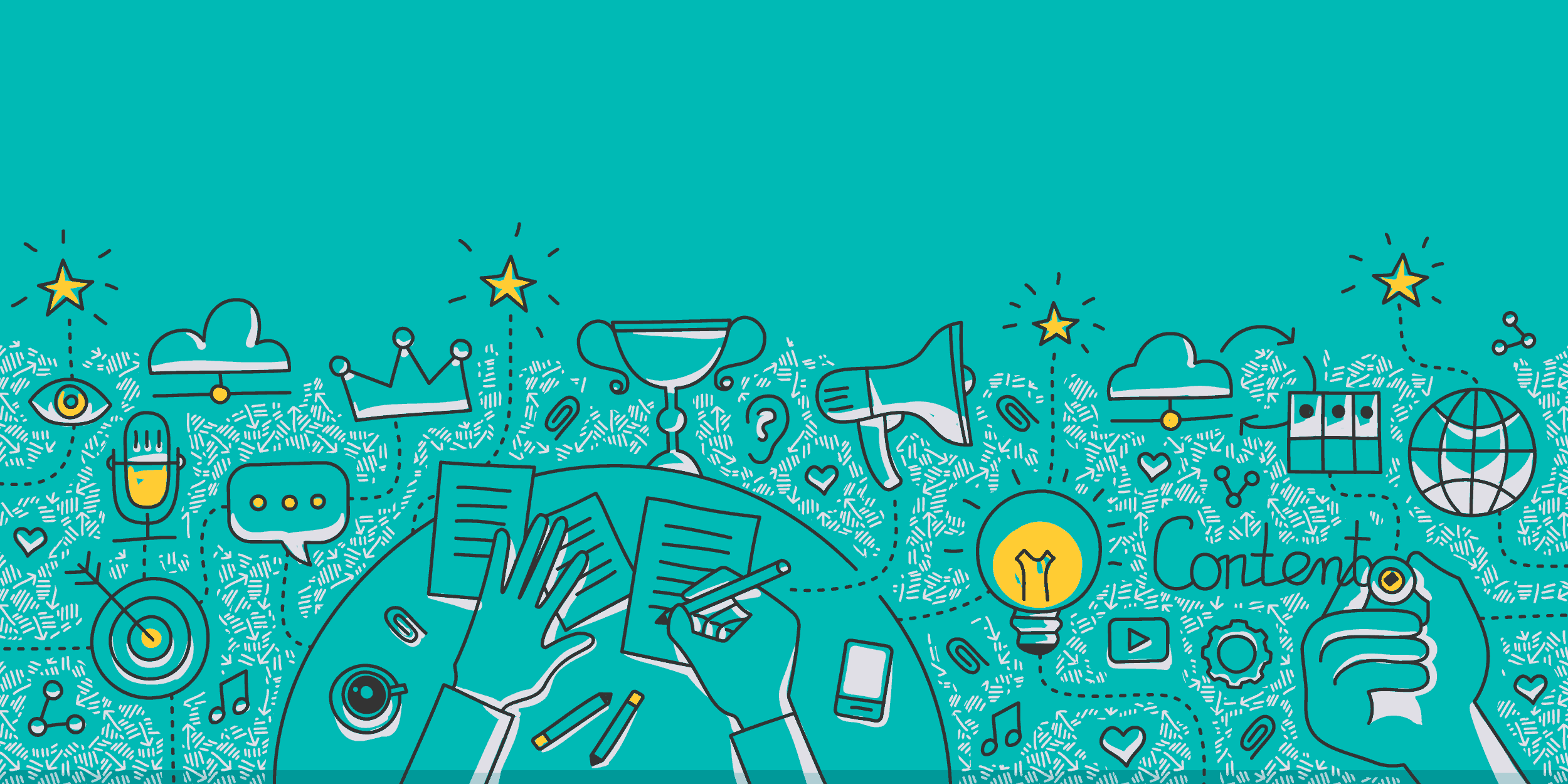illustration of a person writing a nonprofit communications strategy connected to a megaphone, lightbulb, other icons, and the word Content
