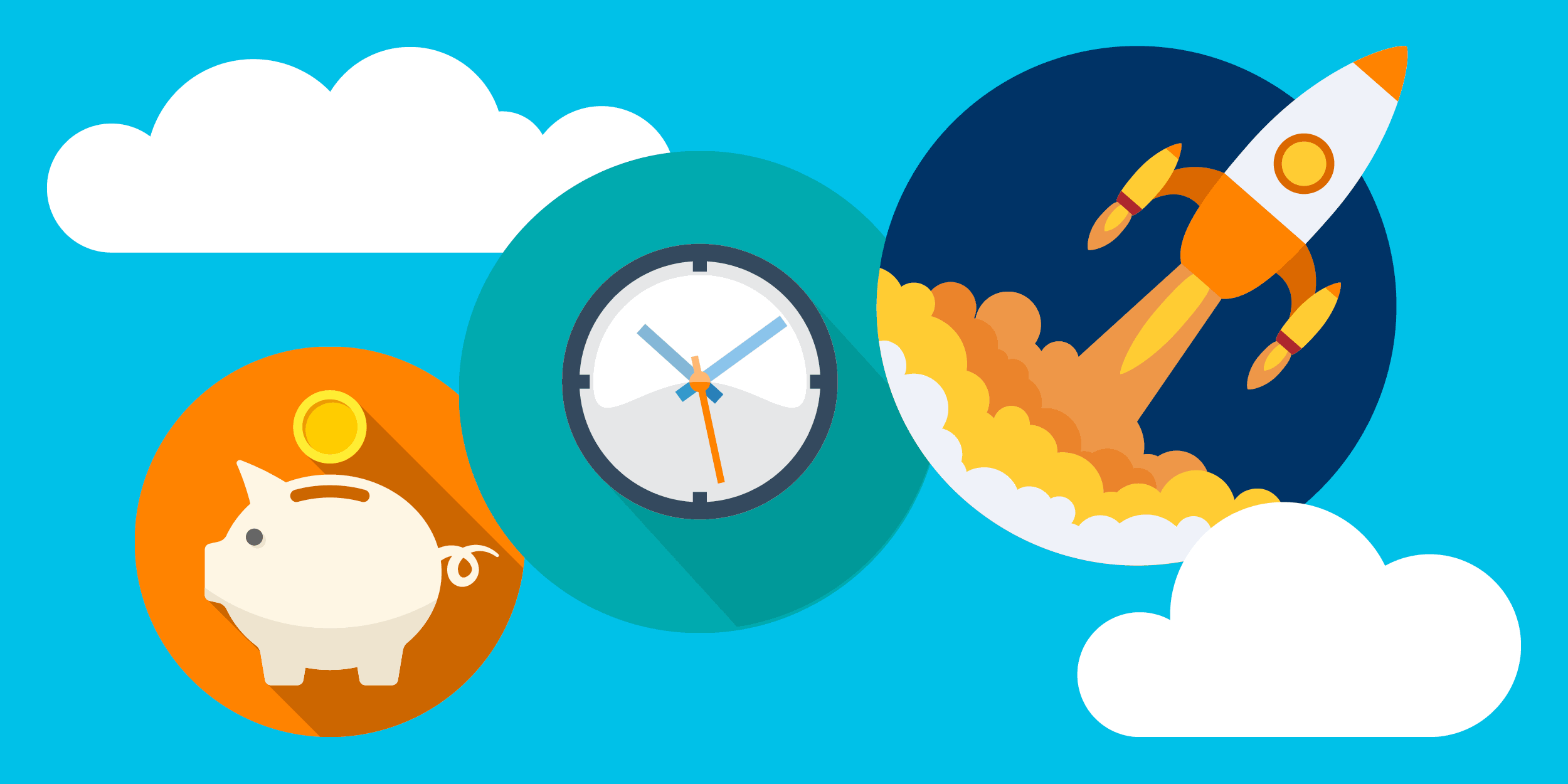illustration of a piggy bank, a clock, and a rocket ship blasting off,  symbolizing how nonprofits can save time and money using cloud products together