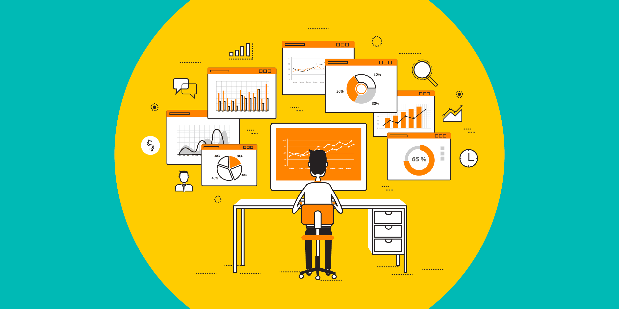 illustration of a nonprofit staffer looking at a computer screen with Google Analytics dashboards on it