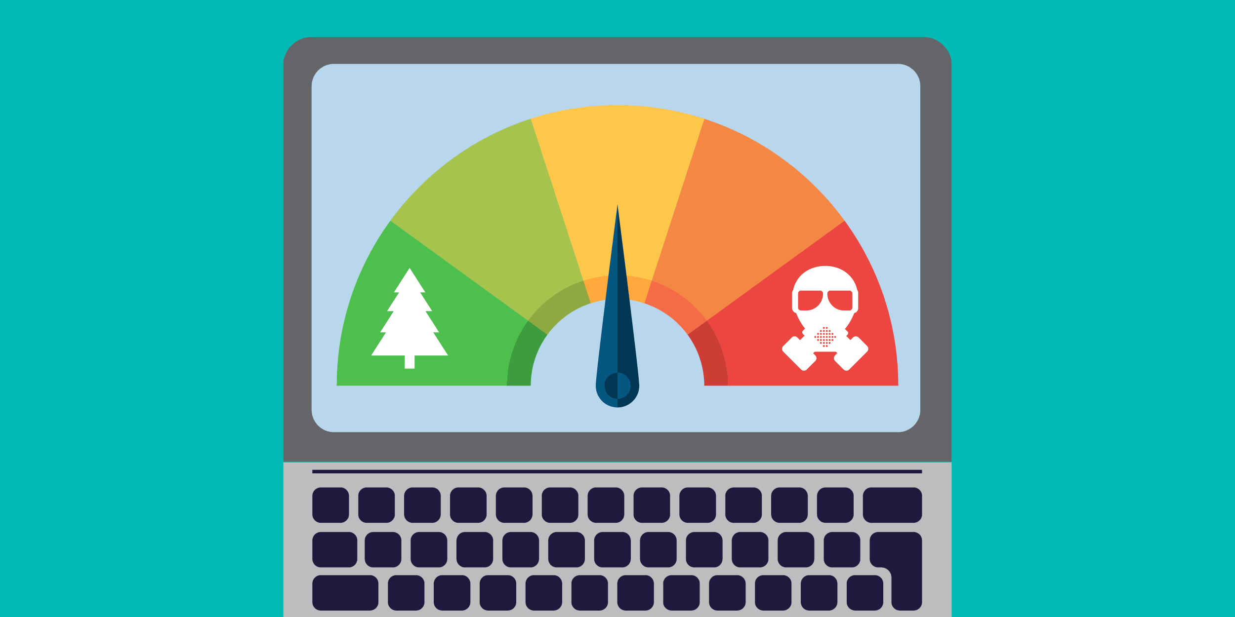 illustration of a laptop screen showing a dial measuring air quality, with a tree on the cleanest end of the spectrum and a gas mask on the dirtiest name of the spectrum, representing how NGOs and libraries can use open data to research air quality