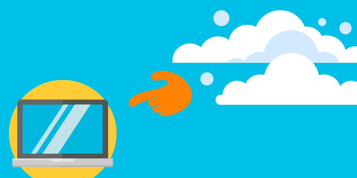 animated illustration of a hand beckoning TechSoup computer to the cloud, representing our nonprofit migration to cloud computing and Office 365