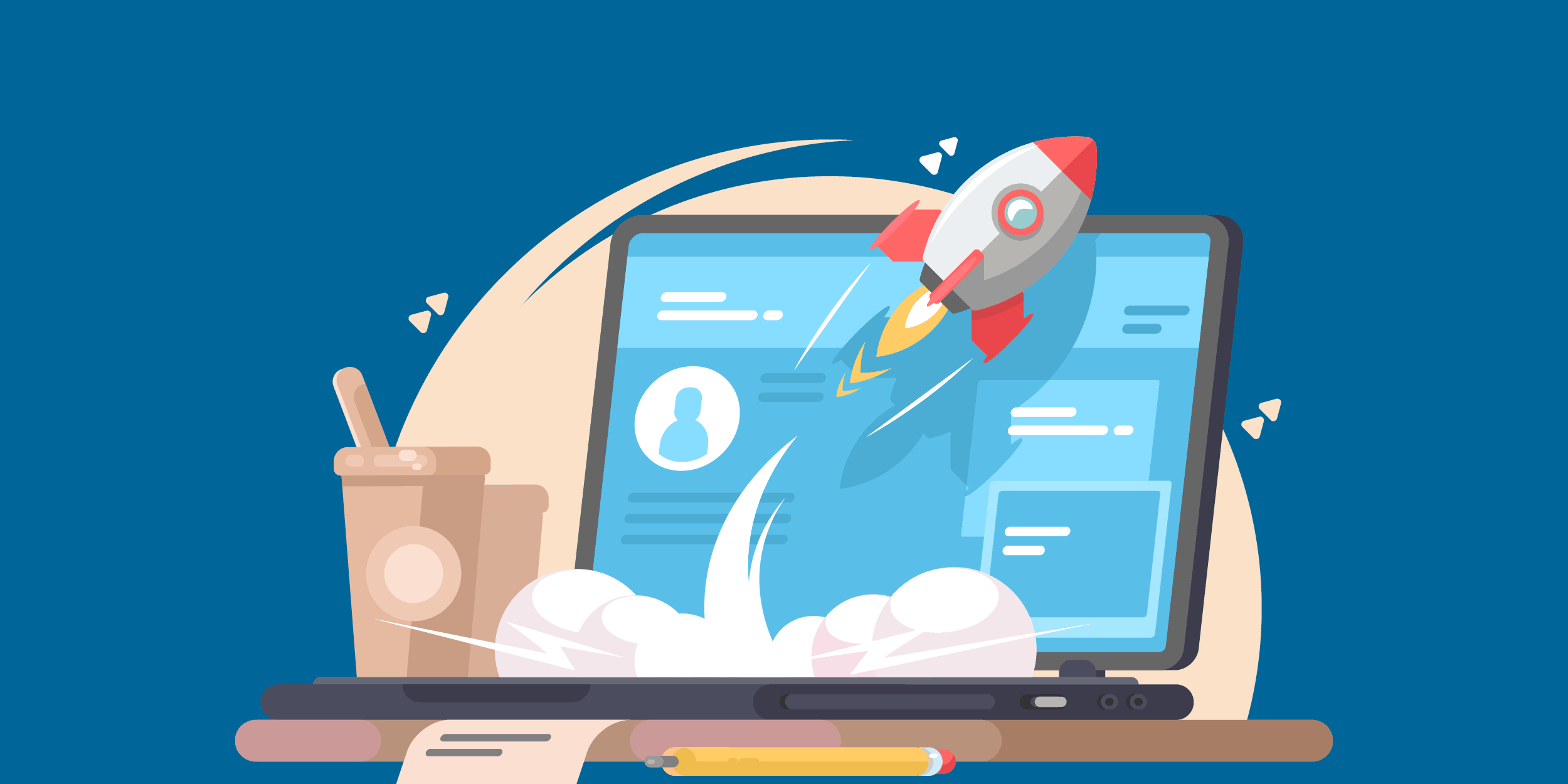 illustration of a rocket launching from a laptop, representing how a successful nonprofit program would assess its constituents' needs before launching 