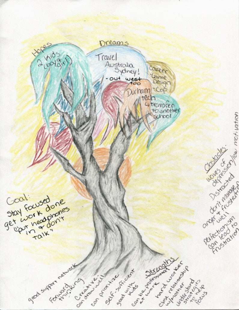 a tree drawn by a Boomerang participant showing her dreams, hopes, goals, obstacles, and strengths