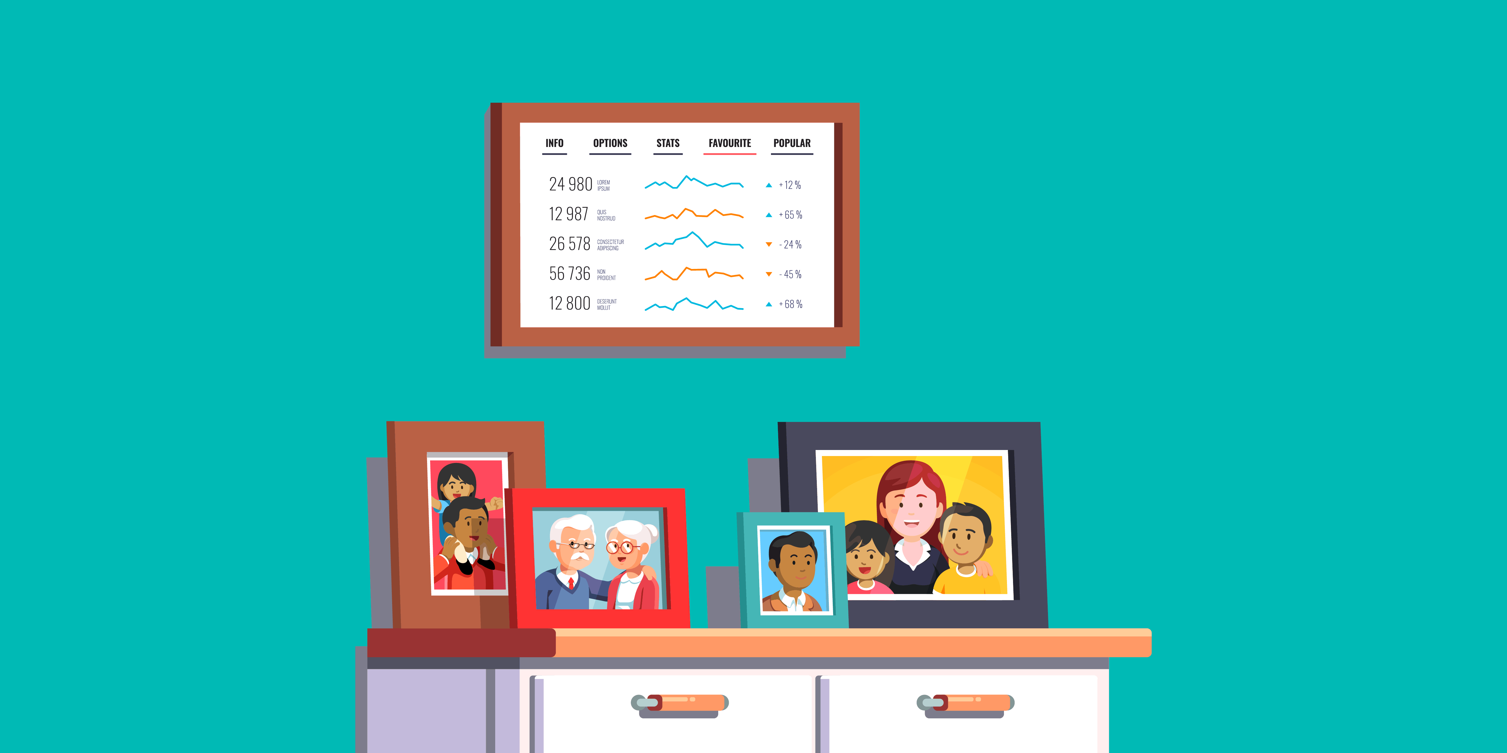 illustration of a framed Microsoft PowerPoint slide with nonprofit trend lines and statistics on it,  posted on a wall above a bureau with family photos on it