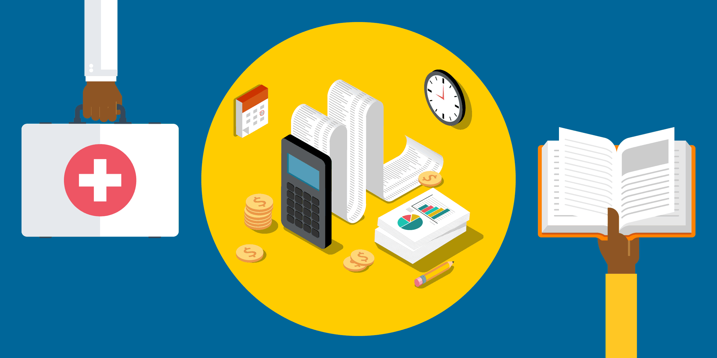 illustration of a person holding a first aid kit,  a person holding a book, and an adding machine next to a stack of printed graphs, representing how intuit quickbooks nonprofit edition helps fej build sustainable communities