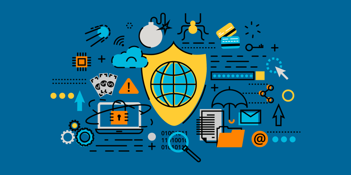 illustration of nonprofit security icons such as a locked computer, magnifying glass over zeros and ones, shield, umbrella, file folder, letter, bug, bomb, key, credit cards