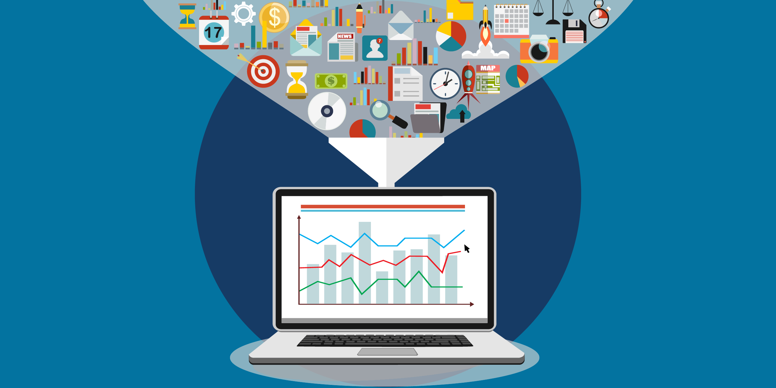 illustration of a laptop beaming out all kinds of nonprofit data, represented by calendar page, clock, magnifying glass, file folder, pie chart, etc.