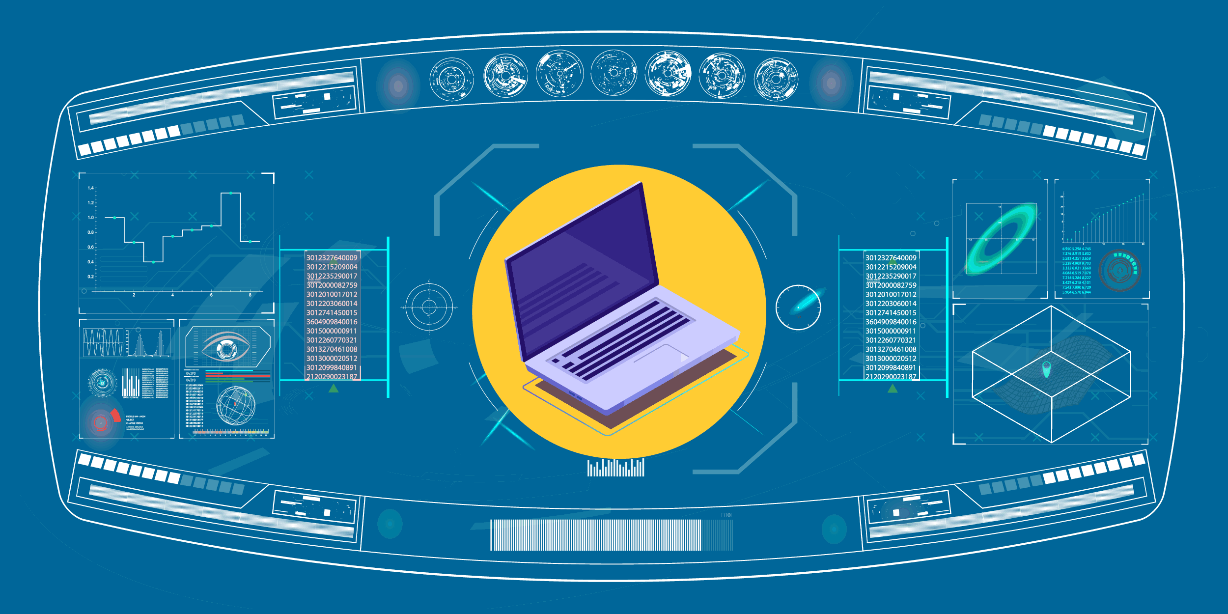 illustration of a dashboard with a laptop in the middle of it, symbolizing the need for nonprofit tech planning
