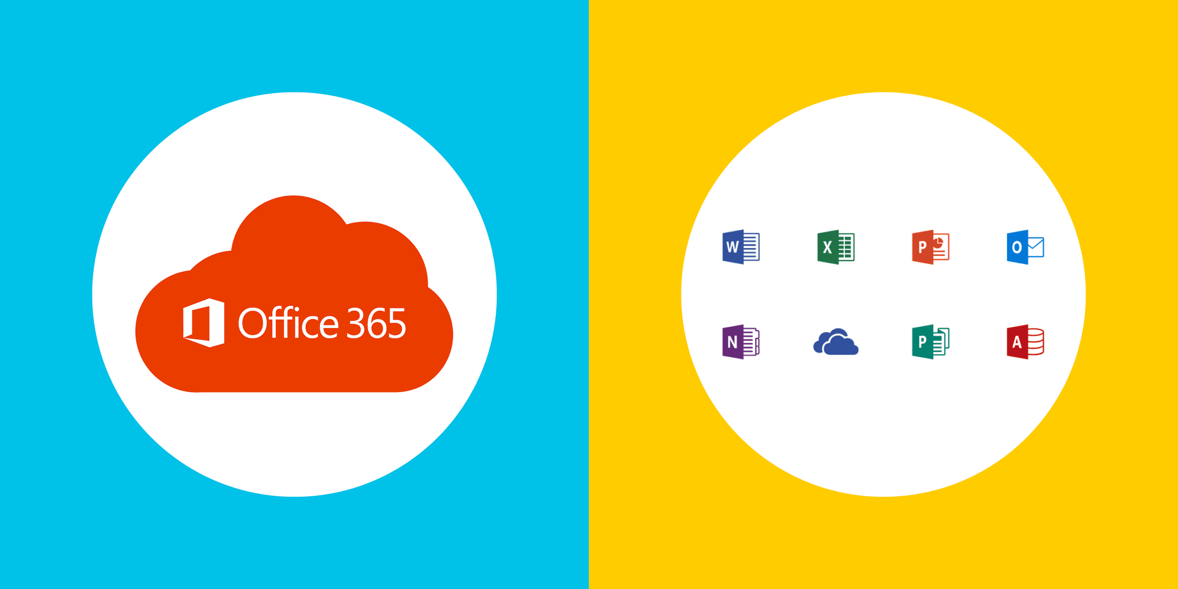 illustration with Microsoft Office 365, Word, Excel, Project, Outlook, OneNote, Cloud, Publisher, and Access logos