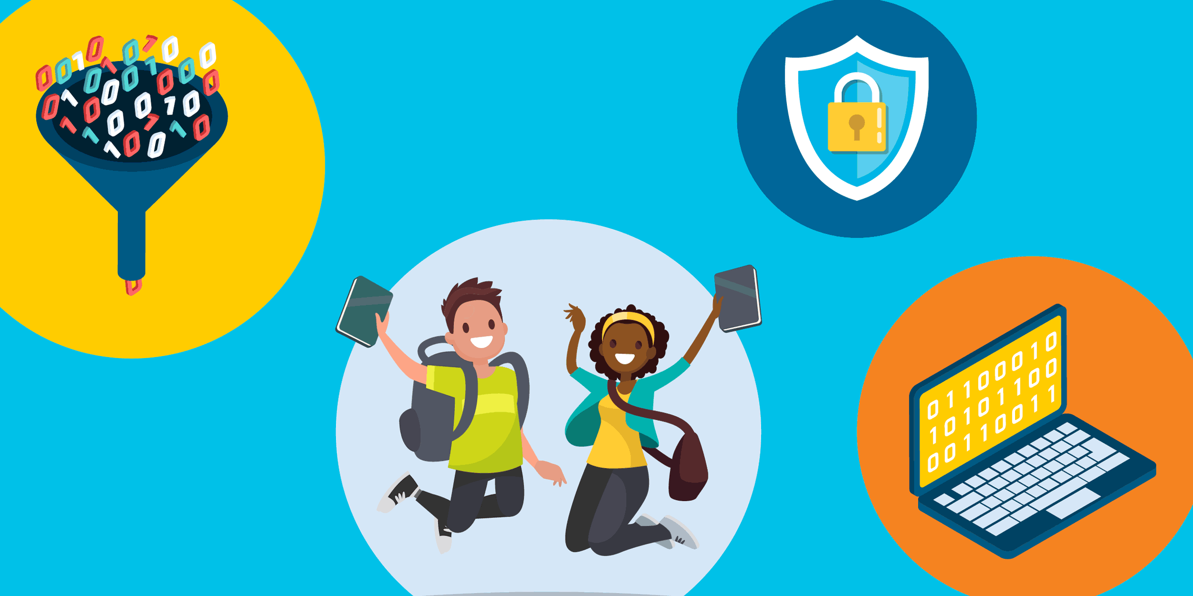 illustration of students jumping into the air,  with icons of a lock, and a laptop and a funnel with zeros and ones, representing nonprofit data security