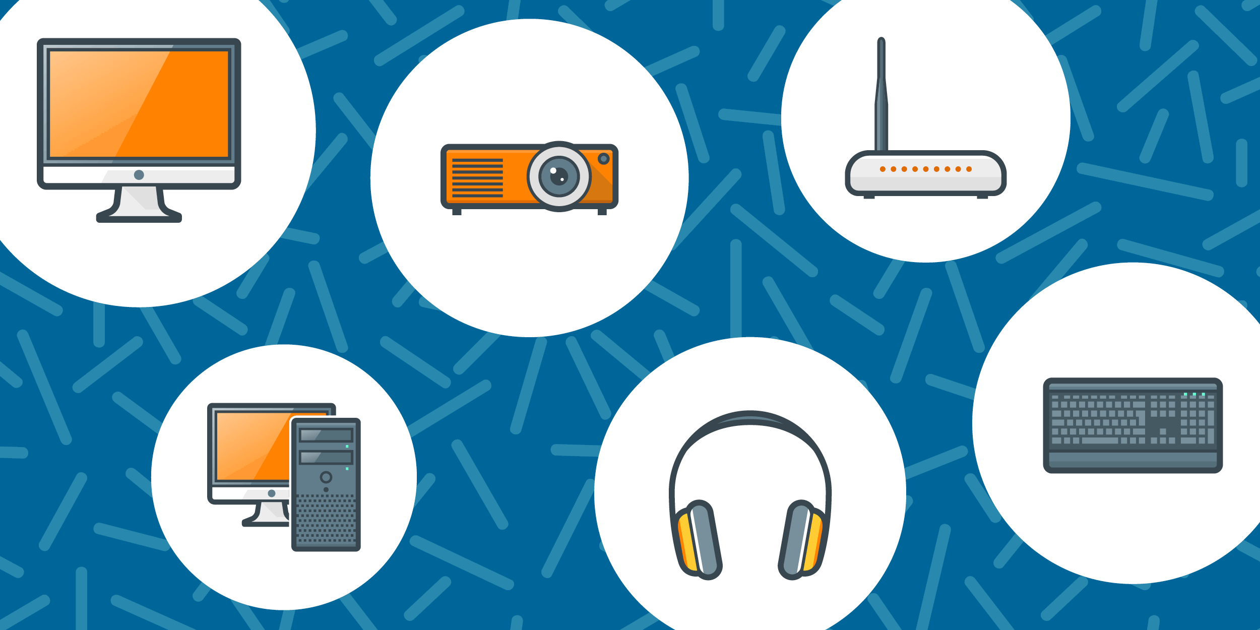 illustration of hardware available for nonprofits such as computer monitors, a projector, headsets, a keyboard, and a router