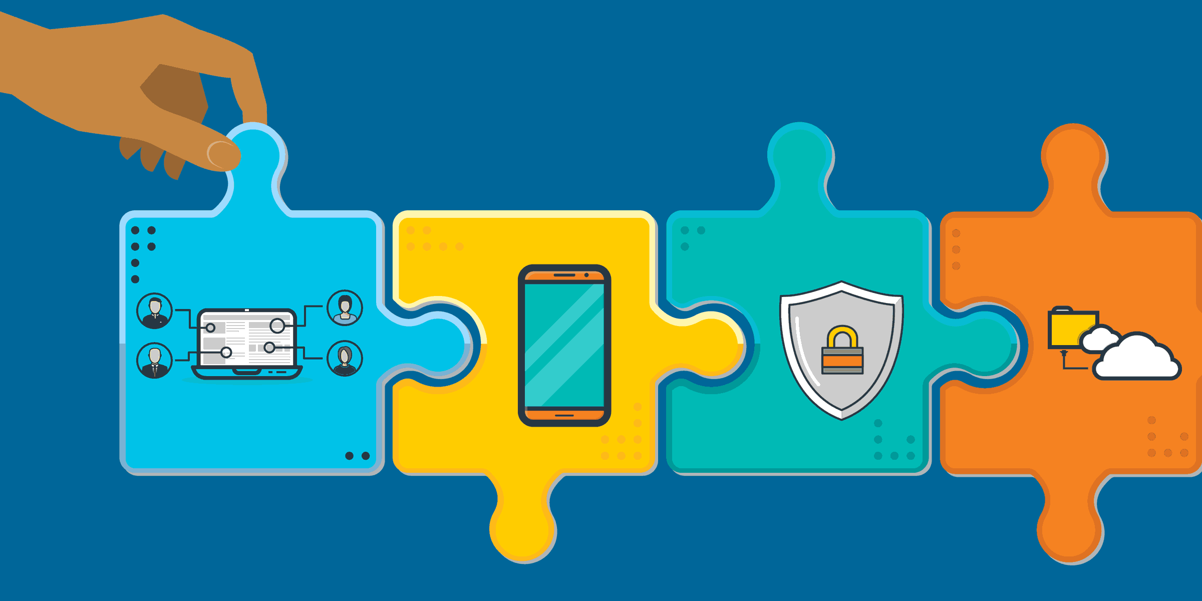 illustration of four puzzle pieces with remote workers, a mobile phone, security software, and cloud computing on them, representing the future of work for nonprofits