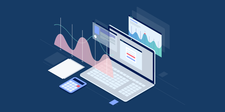 illustration of a nonprofit's google analytics graphs on a laptop and a calculator