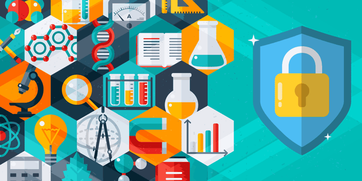 scientific tools such as a microscope, beakers, a magnet, molecules, gauges, and rulers, plus a lock on a shield, representing how symantec protects data for nonprofits