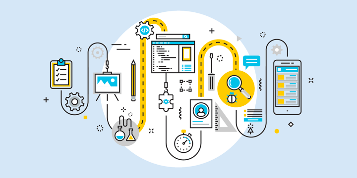 illustration of many icons such as a clipboard, gear, easel, lab flasks, pencil, file directory, stopwatch, profile, screwdriver, straightedge, magnifying glass next to a bug, screenshot, and cell phone, representing nonprofit software tools