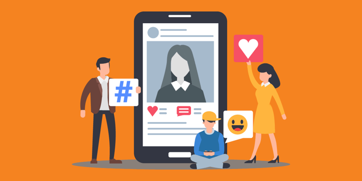 illustration of people holding and emitting social icons next to a social media post on a cellphone, representing nonprofit social media marketing courses