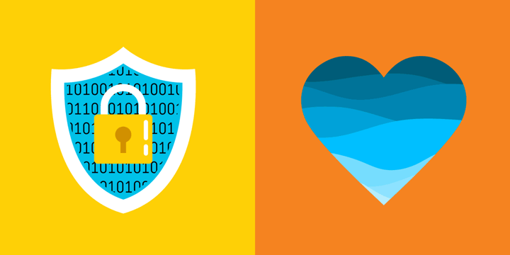 illustration with a shield covered with zeros and ones and a lock, representing nonprofit data security, and a heart with waves of water in it, representing Washington Water Trust