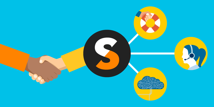 illustration of a TechSoup logo connected to a life preserver, a Help Desk staffer wearing a headset, and a brain, reaching out to shake hands with someone, representing how TechSoup's help desk, Managed IT, and cloud experts can help nonprofits