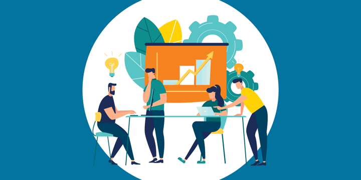 illustration of nonprofit staffers brainstorming about microsoft cloud implementation, sitting at a conference table in front of a trend chart with gears and leaves and lightbulbs over their heads