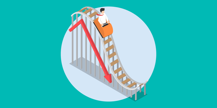 illustration of a person plunging downward on a roller coaster next to a downward trend line, representing a significant decrease in donations to nonprofits because of the new tax law