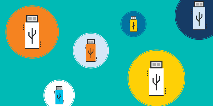 illustration of different sizes and colors of usb drives, representing the diversity of options available to nonprofits through the usb memory direct donation program at techsoup