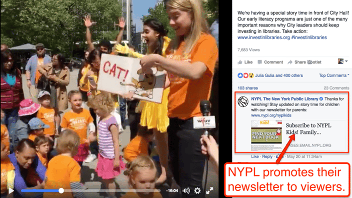 screenshot showing how the New York Public Library promotes its newsletter to viewers on Facebook