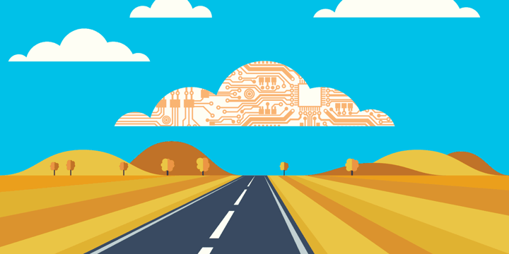 illustration of a road leading through a country scene with a cloud overhead filled with circuitry, representing how microsoft cloud services can benefit nonprofits