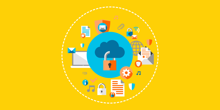 illustration of a lock in a cloud surrounded by an open letter, gear, musical notes, email message, attachment, Wi-Fi symbol, shield, and check mark, representing the educational broadband service spectrum and the value it provides to nonprofits and schools