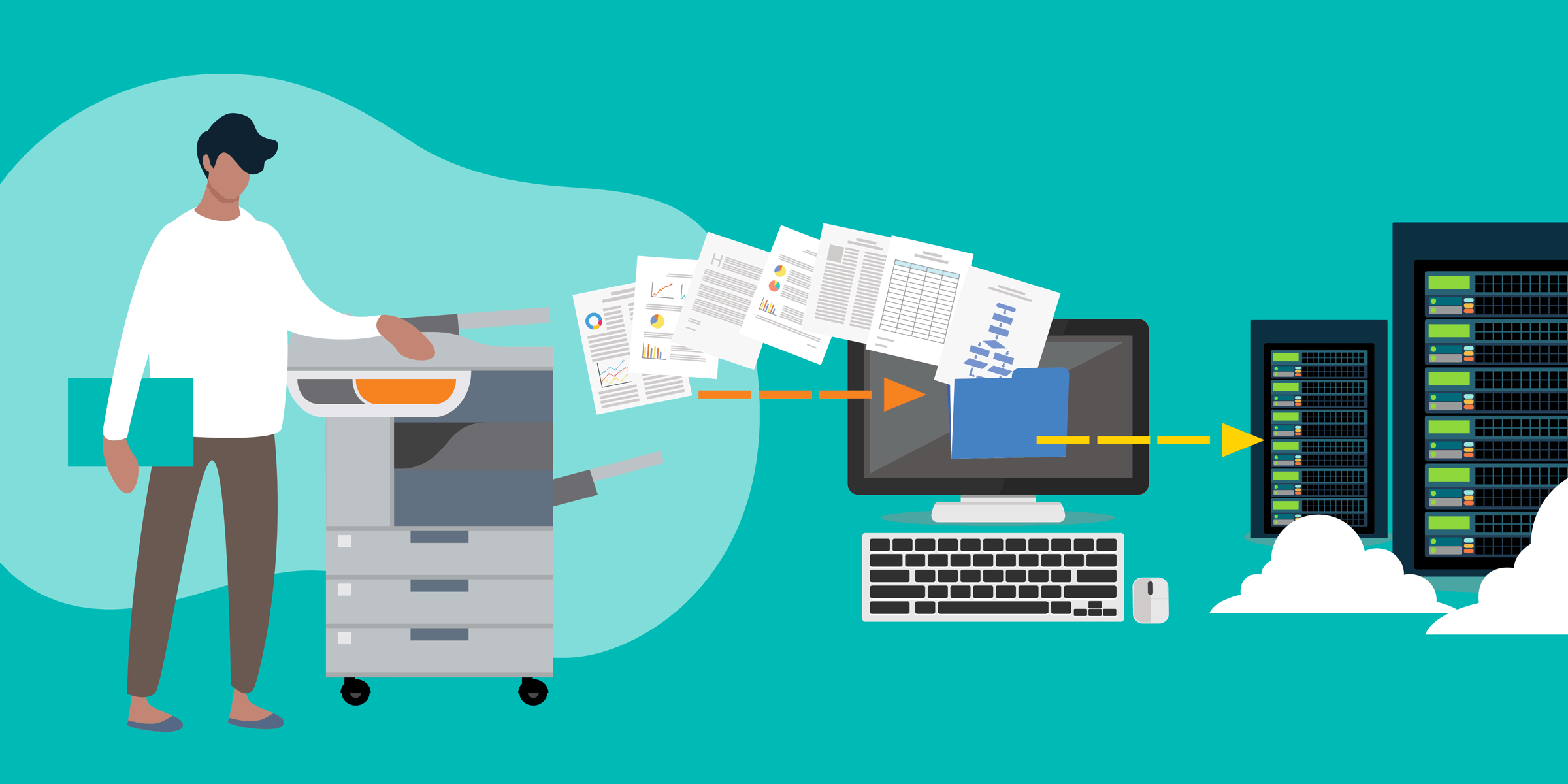 a person copying documents on a copier; the documents are going through a server to the cloud, showing the need for nonprofit security