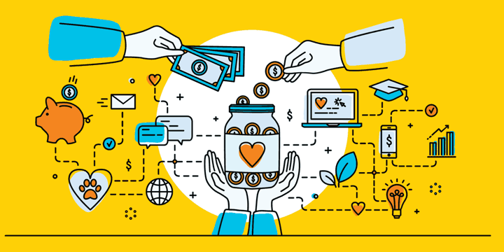 hands placing money into a donation jar; dotted lines link the jar to various symbols of social media and charitable causes