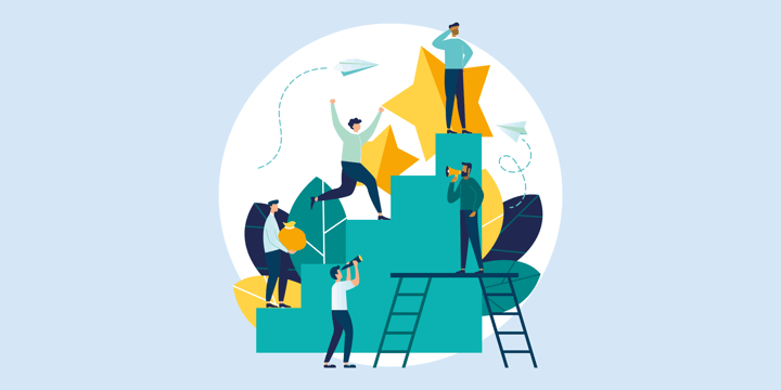 illustration showing people climbing up steps, talking through a bullhorn, and looking around, representing measuring the roi on social media