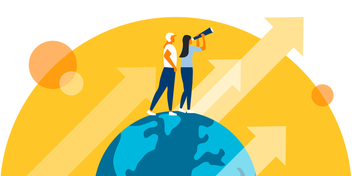 illustration of two people looking up from the earth toward something in the sky, representing taking a closer look at impact investing for nonprofits