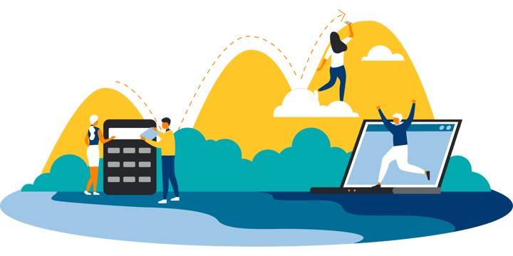 illustration of people working with a giant calculator, dancing on a laptop, and climbing a hill on a cloud, representing what impact investing could mean for nonprofits