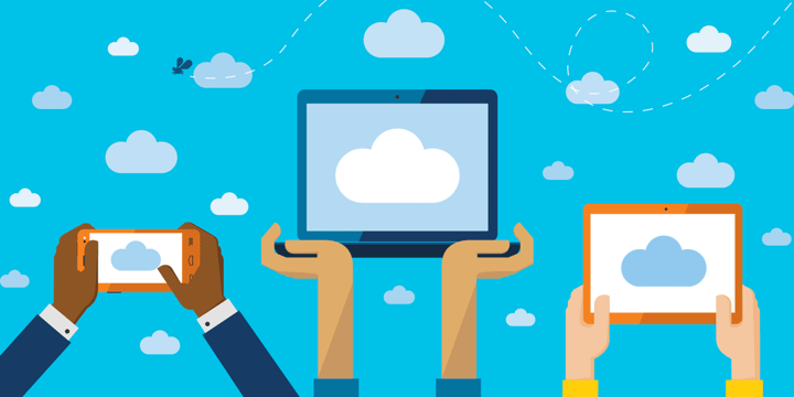 illustration of people holding up mobile devices to interact with the cloud, representing microsoft cloud services for nonprofits