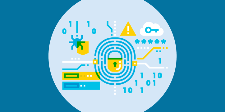 illustration of nonprofit it security icons, such as a lock, key, exclamation mark, hard drives, virus, and zeros and ones