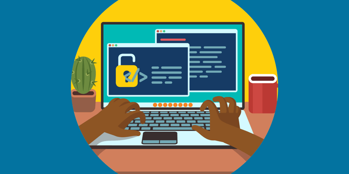 illustration of a nonprofit staffer working on open-source software, depicted as an open lock with html code over it