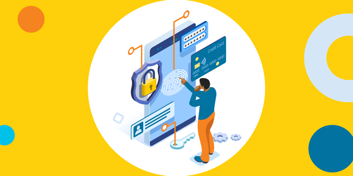 illustration of a man standing in front of a giant cellphone with a lock, credit card, and password log in attached to it, and he's touching a fingerprint, representing it security for people who donate to nonprofits
