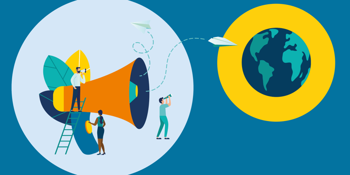 illustration of people assisting paper airplanes come out of a megaphone to fly around the world, representing how nonprofits can harness a google ad grant to increase their marketing efficacy