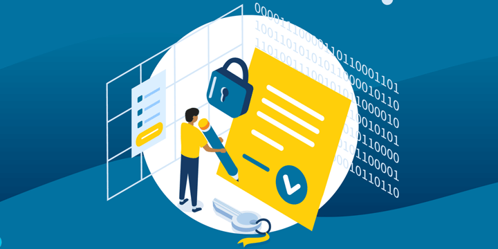 drawing of a small figure marking a document with a pencil in the presence of a padlock and key