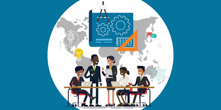 drawing of five people with laptops at a table in front of a world map and a blueprint with drawing tools