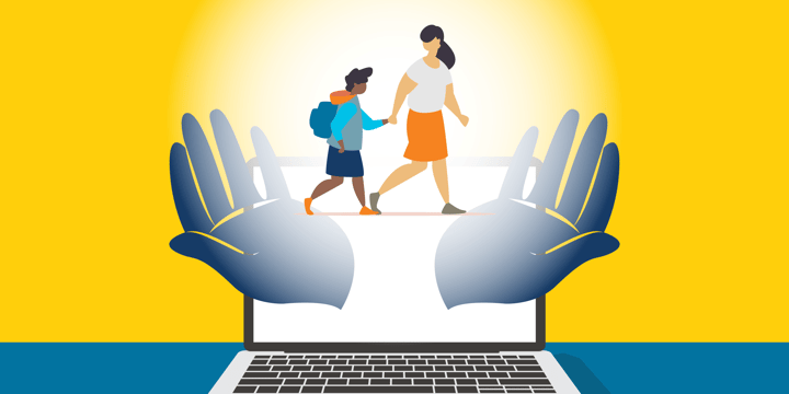 an illustration of a parent and a child walking on open hands coming out of a laptop, symbolizing how veritas backup exec helps a nonprofit support children and families