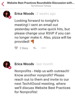 screen capture of meeting reminders posted in Meetup