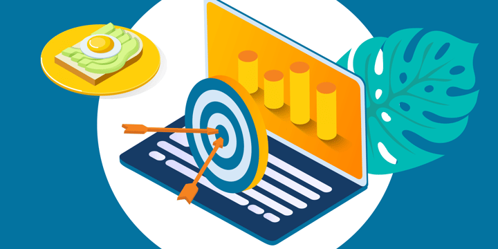 drawing of a laptop sitting next to a plate of avocado toast; in front of the laptop is a target with two arrows hitting the bullseye