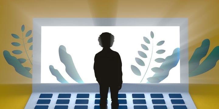 drawing of a young person silhouetted in front of a giant laptop with images of leaves