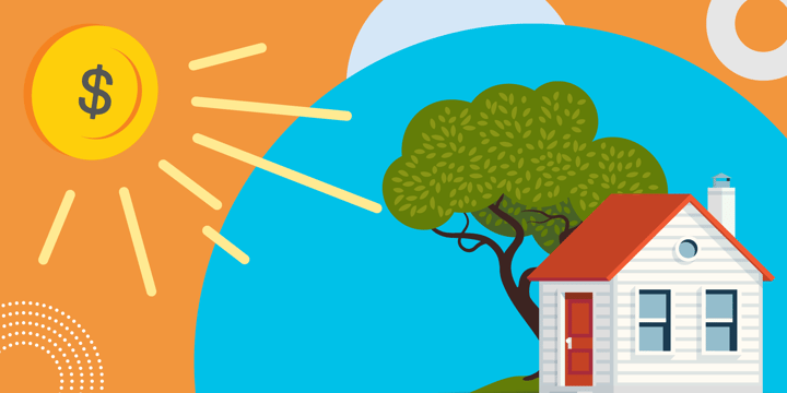drawing of a small house and a tree; the shining sun looks like a coin with a dollar sign